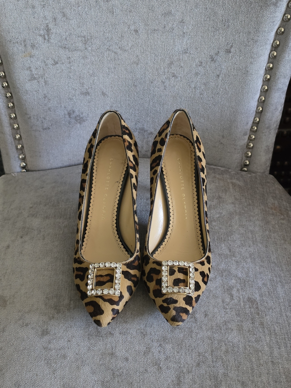 Charlotte Olympia Leopard Print Pointed Pumps with Crystal Buckle